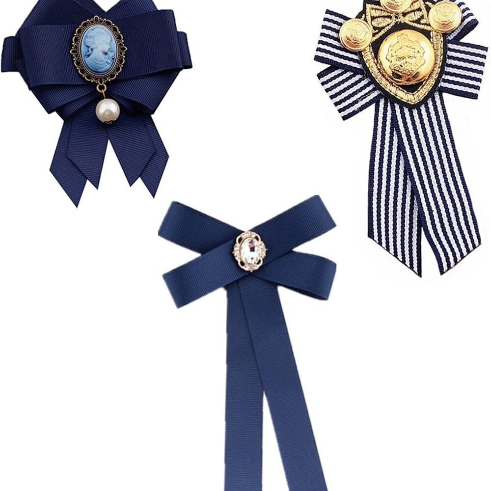 3 Pcs Women's Polyester Pre-tied Neck Tie Ribbon Bow Beads Party Brooch Blue